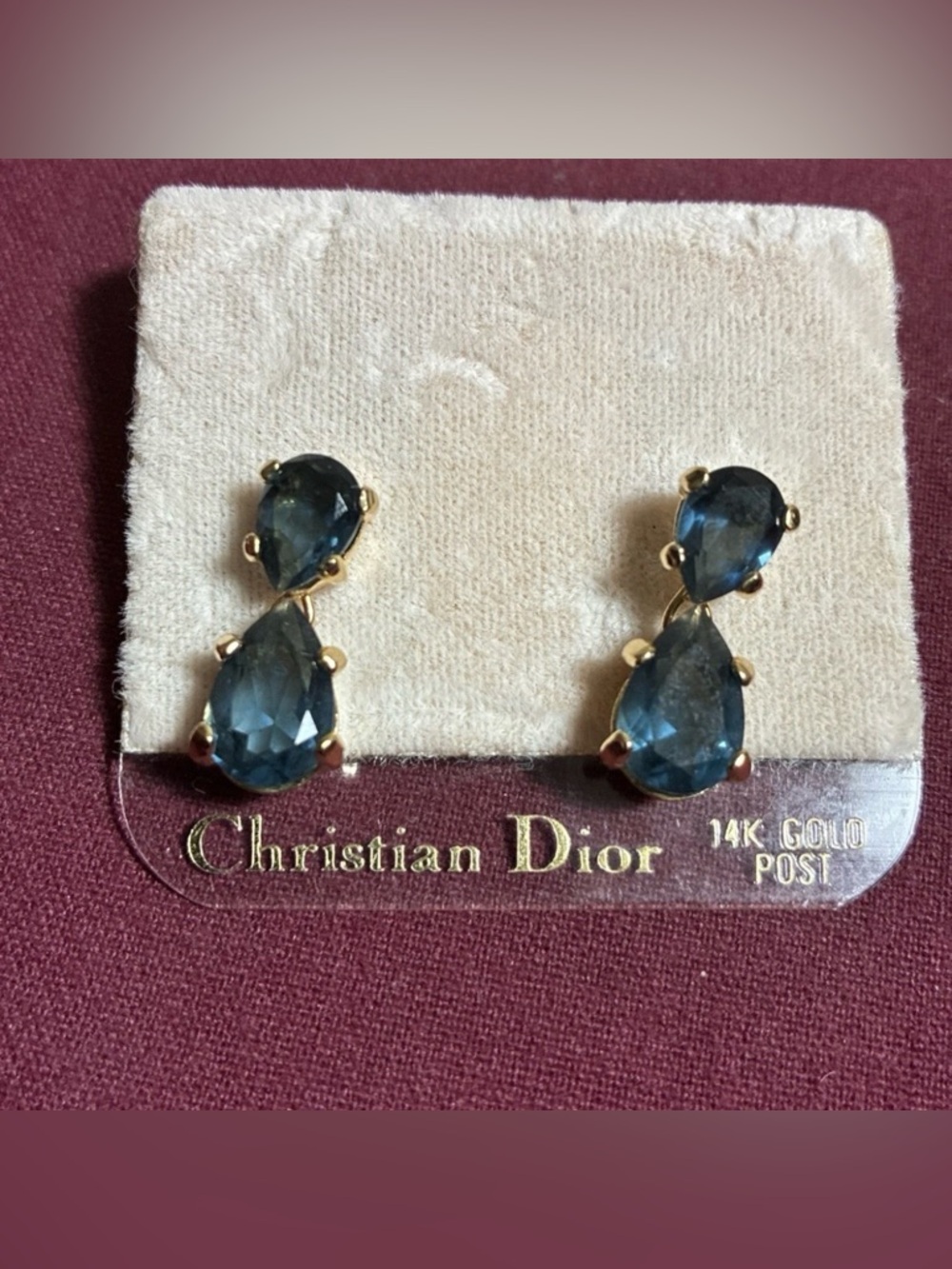 Vintage NWT Christian Dior Teardrop Blue Rhinestone Dangle 14k Gold Post Earring